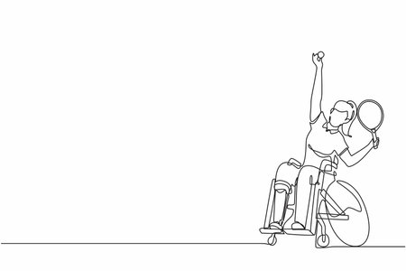 Single continuous line drawing wheelchair tennis sport.  athlete in wheelchair with racket. Active people. Woman. Disability, social policy. Social support. One line draw graphic design vectorのイラスト素材
