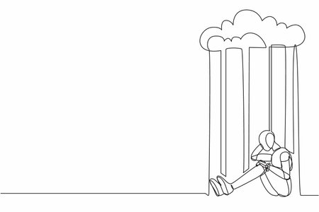 Continuous one line drawing robot feeling sad and depression sitting under rain and cloud. Humanoid robot cybernetic organism. Future robotic development. Single line draw design vector illustrationのイラスト素材