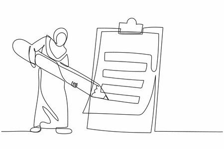 Continuous one line drawing Arab businesswoman mark checklist with pencil. Worker completion questionnaire task. Goal achievement planning schedule. Single line draw design vector graphic illustrationのイラスト素材