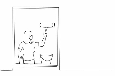 Single continuous line drawing young woman cleaning windows with glass cleaner tools. Washing windows with bucket, detergent, wet rag. Daily housework. One line draw graphic design vector illustrationのイラスト素材