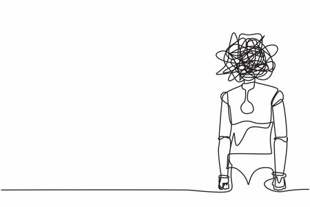 Single one line drawing robot with round scribbles instead of head, frustrated. Anxiety, confusion in thoughts. Future technology development. Continuous line draw design graphic vector illustrationのイラスト素材