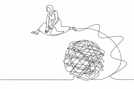 Continuous one line drawing Arab businesswoman jumping over tangled scribble. Solution looking for complicated problem. Overcoming complexity of problem. Single line design vector graphic illustrationのイラスト素材
