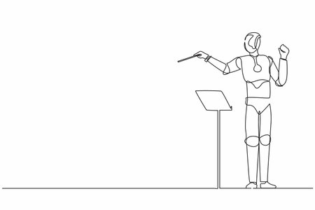 Single continuous line drawing expressive robot conductor directs music orchestra. Modern robotic artificial intelligence. Electronic technology industry. One line graphic design vector illustrationのイラスト素材