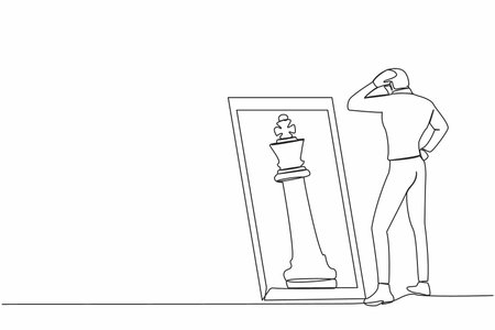 Single one line drawing businessman standing in front of mirror, reflecting chess king. Metaphor of confidence. Success business, opportunities. Continuous line draw design graphic vector illustrationのイラスト素材