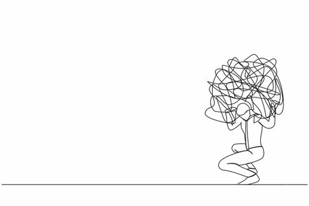 Single continuous line drawing exhausted businessman carrying heavy messy line on his back. Anxiety from work difficulty and overload, problem in economic crisis. One line design vector illustrationのイラスト素材