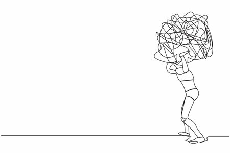 Single continuous line drawing tired robot carrying heavy messy line on his back. Anxiety from work, overload, economic crisis problem. Technology development. One line draw design vector illustrationのイラスト素材