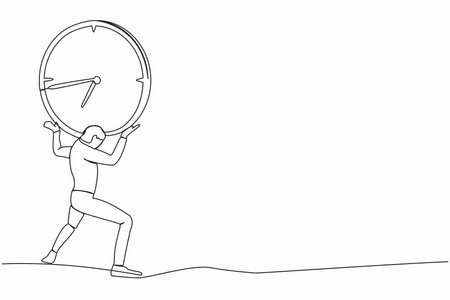Single continuous line drawing exhausted businessman carrying heavy clock on his back. Stressed worker working under pressure to completed project deadline. One line graphic design vector illustrationのイラスト素材