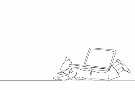 Continuous one line drawing of unhappy businesswoman under heavy laptop computer burden. Tired or exhausted worker due to work pressure, burnout at office. Single line draw design vector illustrationのイラスト素材