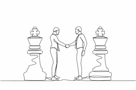 Single continuous line drawing two businessmen shaking hands together while standing between of king chess pieces. Entrepreneur leader metaphor of agreement. One line draw design vector illustrationのイラスト素材