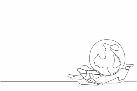 Single one line drawing unhappy businesswoman under heavy globe burden. Natural resources, earth exploitation, industrial pollution. World economic crisis. Continuous line design vector illustrationのイラスト素材