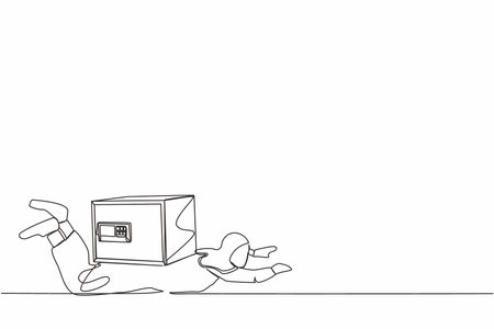 Single one line drawing Arab businesswoman under heavy safe deposit box burden. Money loss in Coronavirus crisis, entrepreneur with debt and bankruptcy. Continuous line draw design vector illustrationのイラスト素材