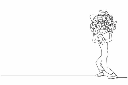 Continuous one line drawing Arab businesswoman carrying heavy messy line on her back. Stress burden, anxiety from work difficulty, economic crisis problem. Single line draw design vector illustrationのイラスト素材
