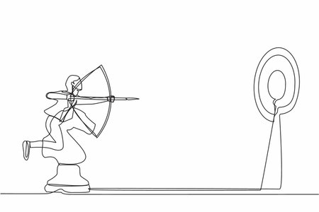 Continuous one line drawing precise businesswoman holding archery and aiming target while riding horse chess piece. Strategic move for winning competition. Single line draw design vector illustrationのイラスト素材
