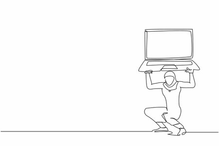 Continuous one line drawing Arabian businesswoman carrying heavy laptop computer on her back. Tired or burnout employee fatigue from work. Boring office worker. Single line design vector illustrationのイラスト素材