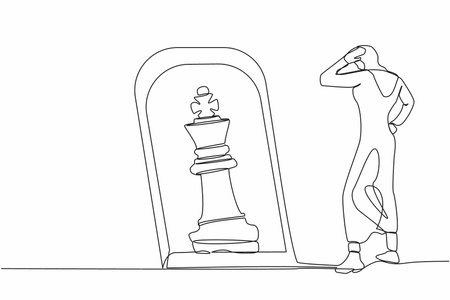 Single continuous line drawing Arab businesswoman standing in front of mirror, reflecting chess king. Metaphor of confidence. Success business, opportunities. One line draw design vector illustrationのイラスト素材
