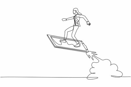 Continuous one line drawing businesswoman riding clipboard rocket flying in the sky. Checklist data analyze of employee status. Company development. Single line draw design vector graphic illustrationのイラスト素材