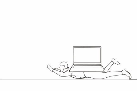 Single continuous line drawing depressed businessman under heavy laptop computer burden. Fatigue from work, tired employee. Boring office worker, burnout at work. One line design vector illustrationのイラスト素材