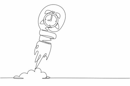Single one line drawing alarm clock launching with light bulb. Time to start new business, entrepreneurship to launch project, time management concept. Continuous line draw design vector illustrationのイラスト素材