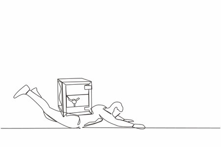 Single one line drawing depressed businessman under heavy safe deposit box burden. Money loss in pandemic crisis, company cannot pay for debt and bankruptcy. Continuous line design vector illustrationのイラスト素材