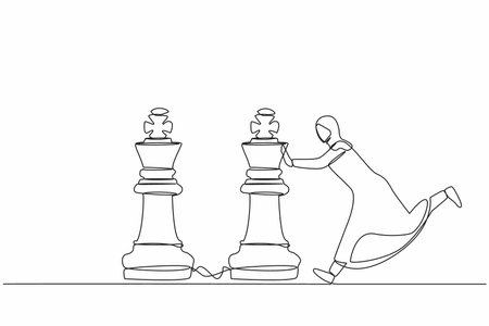 Continuous one line drawing active Arab businesswoman push huge king chess piece to beat another king. Business strategy, marketing plan, winning game play. Single line draw design vector illustrationのイラスト素材