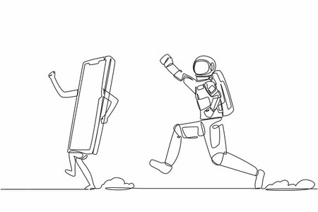Continuous one line drawing of young astronaut run chasing smartphone in moon surface. Communication revolution with satellite phone. Cosmonaut outer space. Single line draw design vector illustrationのイラスト素材