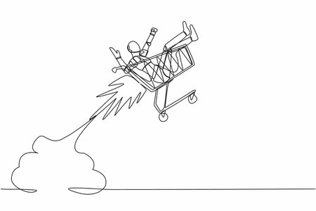 Single one line drawing robot riding shopping trolley rocket flying in the sky. Robotic artificial intelligence technology. Electronic technology industry. Continuous line design vector illustrationのイラスト素材