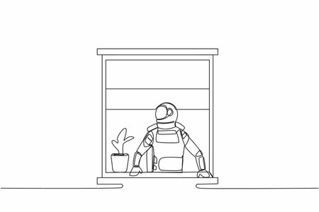 Continuous one line drawing astronaut looking outside window in moon surface. Spaceman with a plant watching out the window. Cosmonaut outer space. Single line draw graphic design vector illustrationのイラスト素材