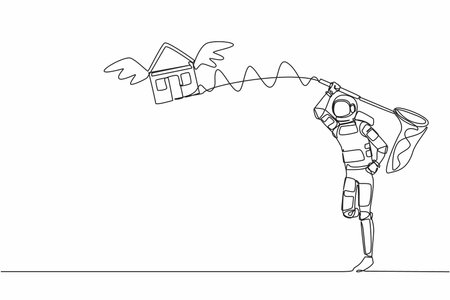 Single continuous line drawing young astronaut try to catching flying house with butterfly net. Price housing loan in other planets. Cosmonaut deep space. One line design vector graphic illustrationのイラスト素材