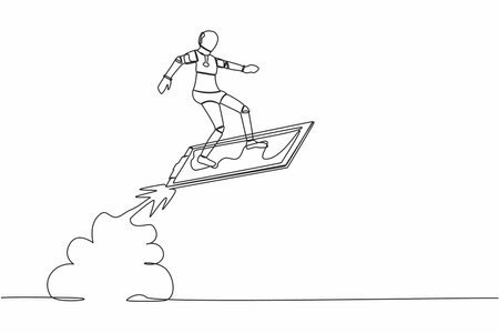 Single continuous line drawing robot riding clipboard rocket flying in sky. Analyze data of tech business. Future technology development. Artificial intelligence. One line design vector illustrationのイラスト素材