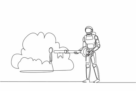 Single one line drawing astronaut putting big key into cloud. Safety storage in spaceship data, password lock security authentication. Cosmic galaxy space. Continuous line design vector illustrationのイラスト素材