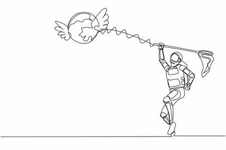 Continuous one line drawing young astronaut try to catching flying globe with butterfly net. Space trip and travel around the planet. Cosmonaut outer space. Single line draw design vector illustrationのイラスト素材