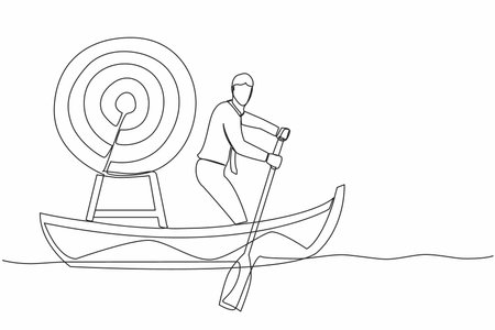 Single one line drawing businessman standing in boat and sailing with dartboard target.  Hard work achieve business mission and win competition. Continuous line draw design graphic vector illustrationのイラスト素材