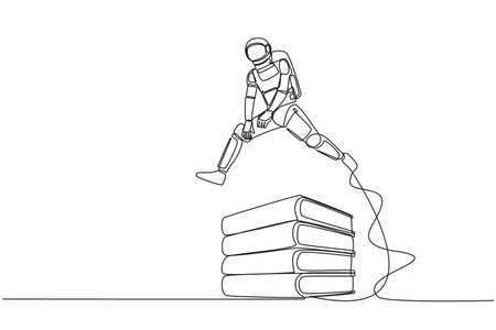 Single continuous line drawing astronaut jump over pile of binders. Spaceship expedition paperwork document. Information classification. Cosmonaut deep space. One line draw design vector illustrationのイラスト素材