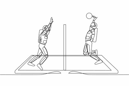Single continuous line drawing volleyball court with two astronaut players on smartphone screen. Volleyball players during match, mobile app. Cosmonaut deep space. One line design vector illustrationのイラスト素材