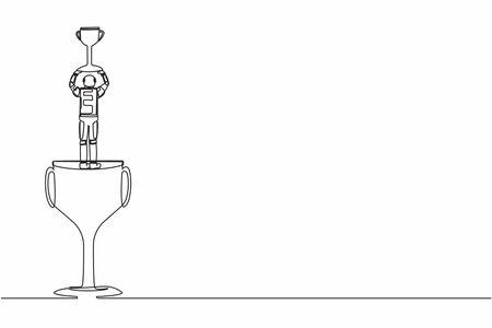 Single one line drawing back view astronaut stand above big trophy and lifting up winner cup celebrating successful in space expedition. Cosmic galaxy space. Continuous line design vector illustrationのイラスト素材