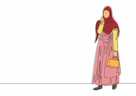 One single line drawing of young happy muslimah bringing little bag and go to shopping. Beautiful Asian woman model in trendy hijab fashion concept continuous line draw design vector illustrationのイラスト素材