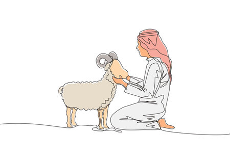One single line drawing of young muslim holding a sheep. Islamic holiday the sacrifice a goat or sheep, Eid al Adha greeting card concept continuous line draw design illustrationのイラスト素材