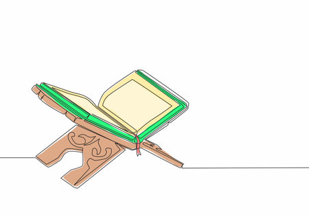 Single continuous line drawing of open Quran, holy book muslim, on placemat. Islamic holy day Ramadan Kareem and Eid Mubarak greeting card concept one line draw design vector illustrationのイラスト素材
