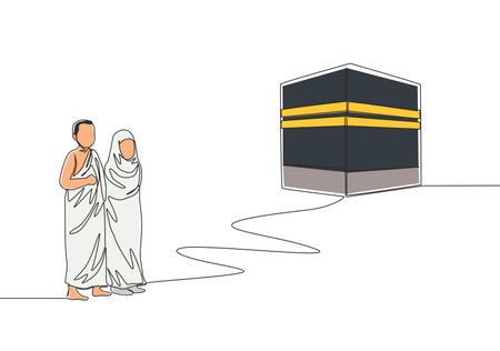 Single continuous line drawing of muslim and muslimah pilgrim walk to holy place Kaabah at Mecca, Saudi Arabia. Muslim holiday, Eid al Adha greeting card concept one line draw design illustrationのイラスト素材