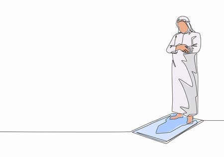 One single line drawing of young muslim person pray salat on sajadah in shmag traditional Arab cloth. Ramadan Kareem and Eid Mubarak pray concept continuous line draw design vector illustrationのイラスト素材