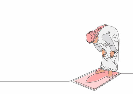 One single line drawing of muslim person pray salat on sajadah at ruku position in shmag traditional Arab cloth. Eid Mubarak greeting card concept continuous line draw design vector illustrationのイラスト素材