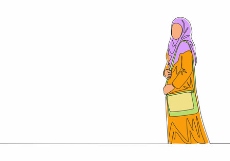 One continuous line drawing of young pretty muslimah on Islamic cloth carrying purse to hangout. Beauty Asian woman model in trendy hijab fashion concept single line draw design vector illustrationのイラスト素材