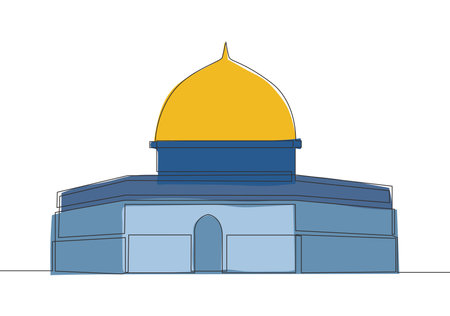 One continuous line drawing of Islamic historical landmark masjid or mosque Dome of the Rock. The ancient building that use as a place of worship for muslim single line draw design vector illustrationのイラスト素材