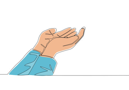 One single line drawing of muslim people open and raise hands to pray to God. Islamic holy day Ramadan Kareem and Eid Mubarak greeting card concept continuous line draw design vector illustrationのイラスト素材