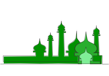 Single continuous line drawing of masjid, masjid dome and masjid tower ornament. Eid Al Fitr Mubarak and Ramadan Kareem greeting card concept one line draw design vector illustrationのイラスト素材