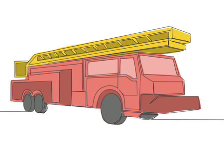 One line drawing of fire truck with hose and ladder. Public safety service vehicle transportation...