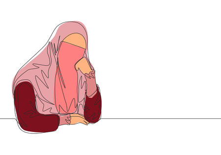 Single continuous line drawing of young pretty saudi arabian muslimah wearing burqa and pensive seriously. Traditional muslim woman niqab with hijab concept one line draw design vector illustrationのイラスト素材