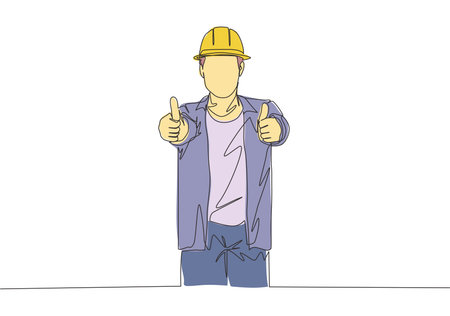 One single line drawing of young handsome handyman giving thumbs up finger gesture. Home renovation service concept continuous line draw design illustrationのイラスト素材