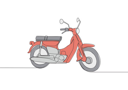 One continuous line drawing of old classic Asian underbone motorbike logo. Vintage motorcycle concept. Single line draw design vector illustrationのイラスト素材
