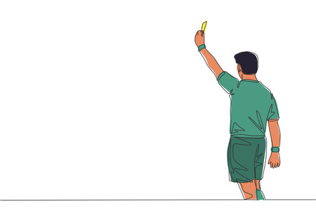 One single line drawing of young referee booked a player yellow card for the foul at the match. Soccer sports concept. Continuous line draw design vector illustrationのイラスト素材